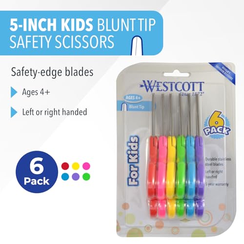 Westcott 16454 Right- and Left-Handed Scissors, Kids' Scissors, Back to School, Classroom Supplies, Ages 4-8, 5-Inch Blunt Tip, Assorted, 6 Pack