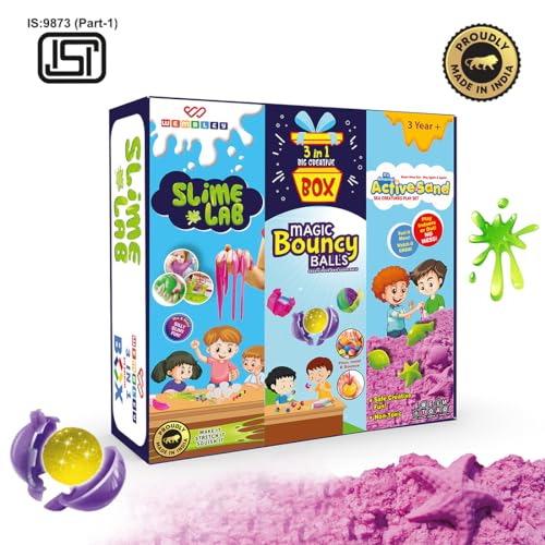 Image of Wembley 3-in-1 Creative Activity Kit for Kids - Slime Lab Set, Sand Art Kit & Magic Bouncy Ball DIY Craft Box | Indoor Play & Learning Toy