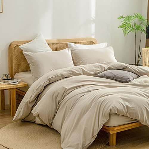 Image of BESTOUCH Cotton Solid Duvet Cover Set Linen Feel Almond Milk Grey Queen | Washed Cotton, Linen Feel, Soft Wrinkle Texture, Hidden Zipper, 8 Ties, Breathable Lightweight Durable Comfy, 3Pcs No Insert