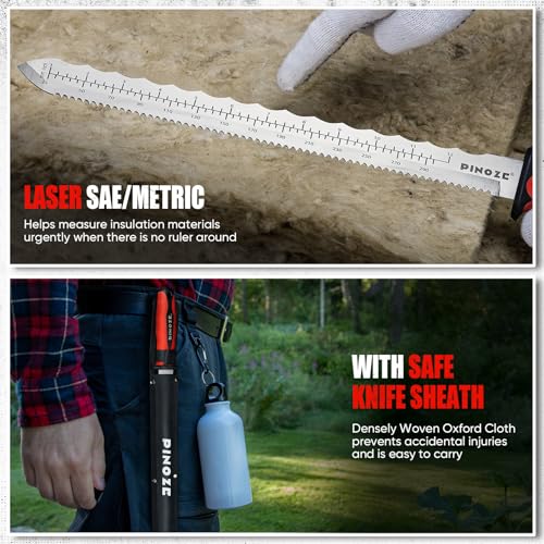 Image of PINOZE 14 inch Insulation Knife, Stainless Steel Blade Insulation Cutter w /Laser Scale, Dual-Side Serrated Duct Knife Tool with Sheath for Cutting Heat Material Foam /Rockwool /Styrofoam, Garden Sod Cutter