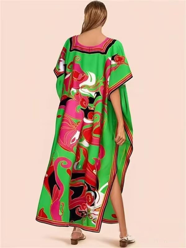 Cashew Flower Silk Caftan Women Vneck beach Cover up Caftans Loose Plus Size Floral Print Side Split Kaftan Dresses - Image 2