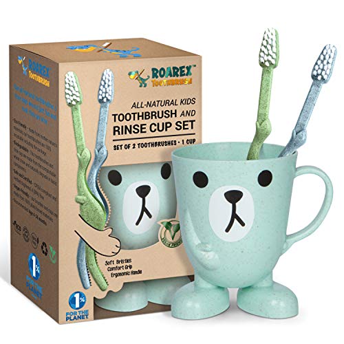 Vegan Eco Friendly Natural Dinosaurs Inspired Kids Toothbrush + Rinse Cup Set Made from Plants | 100% Biodegradable & Compostable | 1% for the Planet Product, Blue/Green, Set of 2+Funny Face Rinse Cup