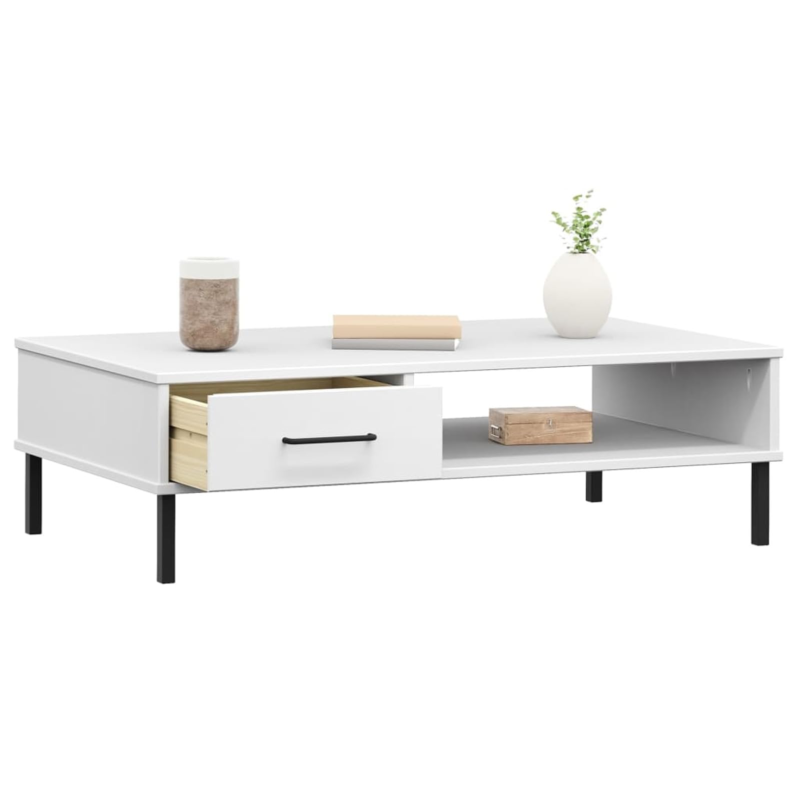 Homgoday Stolik kawowy Metalowe nogi Oslo lite drewno sosna biała, konsola pomocnicza stolik do salonu stolik boczny herbata kawa sofa salon meble meble stoliki kawowe meble