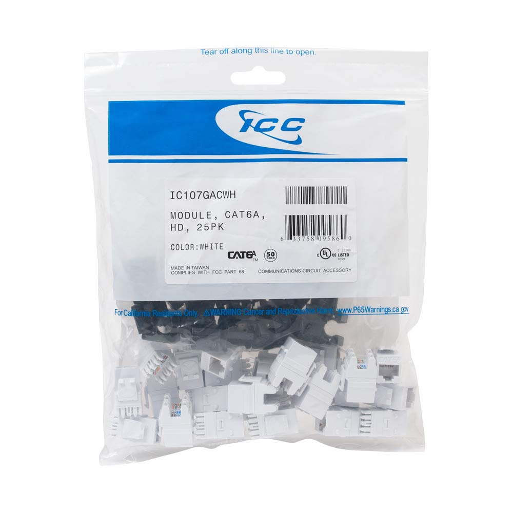 ICC CAT6A Keystone Jack with Slim Profile 180 Degree Punch Down, 10Gbps RJ45 UL Listed PoE++ TAA Compliant for Wall Plate or Patch Panel, Works with JackEasy Termination Tool, White 25 Pack