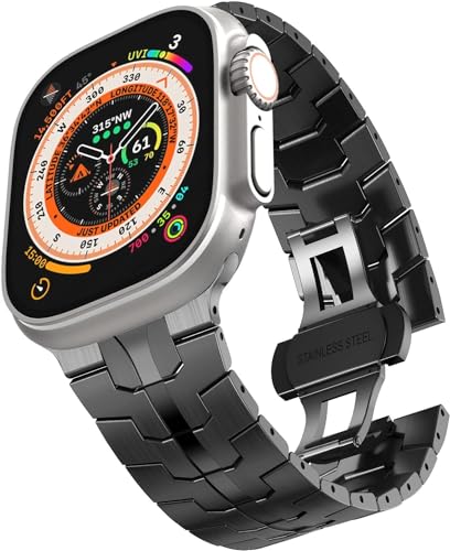 Image of Croiky Stainless Steel Band with Butterfly Clasp Compatible with Apple Watch Ultra 3 /2 /1 49mm, iwatch Strap Series 11 /10 46mm, 9 /8 /7 45mm, SE2 /SE 6 /5 /4 44mm (Black)