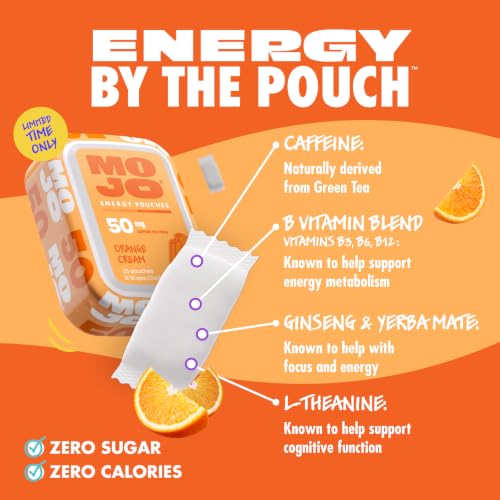 Image of MOJO Caffeine Pouches with Naturally Derived Caffeine from Green Tea, Ginseng, Yerba Mate, L-Theanine & B-Vitamins | Nicotine-Free | Zero Sugar | 50mg Caffeine | Orange Cream