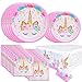 YANGTE Vajilla Unicornio Platos de Papel Servilletas y Manteles, Suministros de Fiesta de Cumpleaños con Temática de Unicornio para niñas Niños Baby Shower Servir 16 Invitados