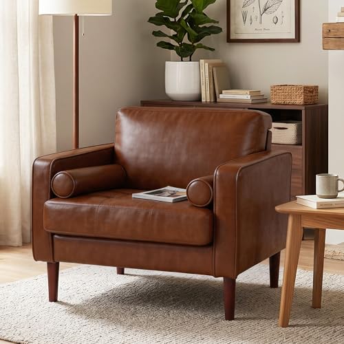Image of Faux Leahter Accent Chair, Comfy Upholstered Armchairs for Living Room, Modern Bedroom Reading Seat with 2 Bolster Pillows, Brown