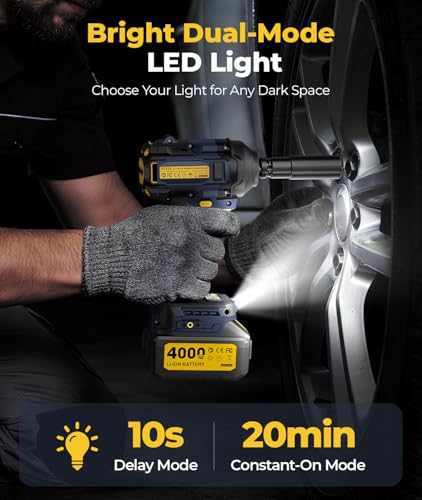 JESIMAIK Cordless Impact Wrench, 900Ft-lbs (1200N.m) 1/2\" Brushless Impact Gun, 21V High Torque Impact Gun with 2×4.0Ah Batteries, 4 Variable Speeds, 5 Sockets, Impact Driver for Car/Pickup/Mower