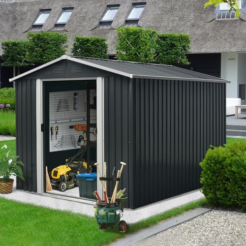 8X10 ft Outdoor Metal Storage Shed with Floor Floor Lockable Galvanized Steel Tool Shed with Sliding Door and Air Vent Waterproof Garden Storage House for Backyard Patio
