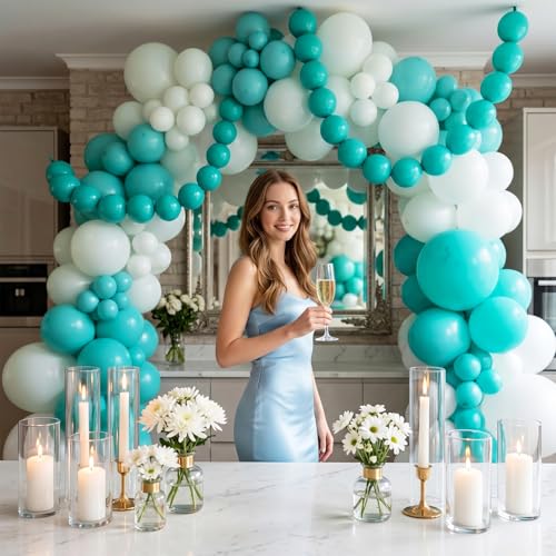 Image of Teal Blue Linking Balloons, 100PCS 6 Inch Turquoise Quick Link Balloons for Making Balloon Wall Heart Arch, Tails Balloon for Wedding Birthday Bridal Baby Shower Mermaid Pool Octopus Party Decorations