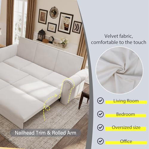 Image of Eafurn 93.7 inch King Size Pull Out Sofa Bed, 3-in-1 Convertible Sleeper Sofa Couch Bed with Nailhead Decor and Rolled Arms, Velvet Oversized Chesterfield Loveseat Chaise Lounge