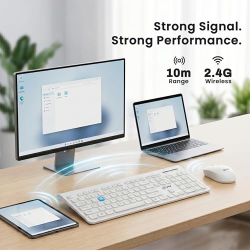 Image of EVM Wireless Keyboard Mouse Combo with USB Nano Receiver | Full-Size 105-Key Keyboard | 10m Wireless Range | DPI Adjustable Optical Mouse | for Laptop, Desktop & Mac | (WLK-018 & EWLM-450-White)