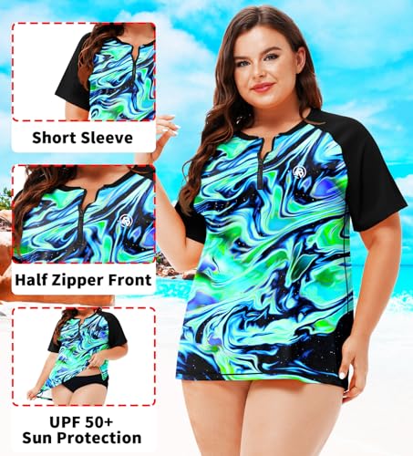 AOBUTE Women Plus Size Rash Guard Zipper Short Sleeve SPF Swim Shirts3