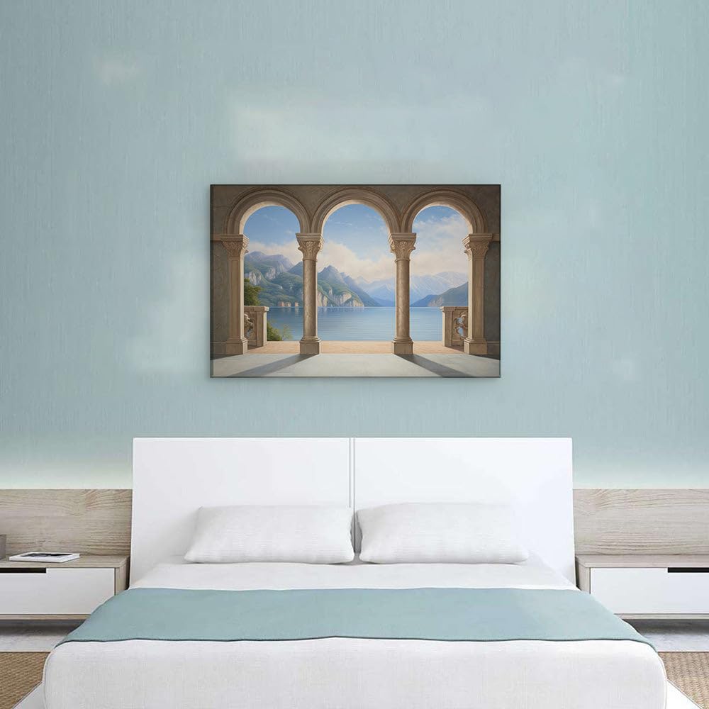 Canvas for Living room. Sunlit Serenity: A Balcony View of Lush Beauty and Glistening Waters, 27 x 18 inch Canvas Wall Art - Contemporary Masterpieces - Modern Home Decor