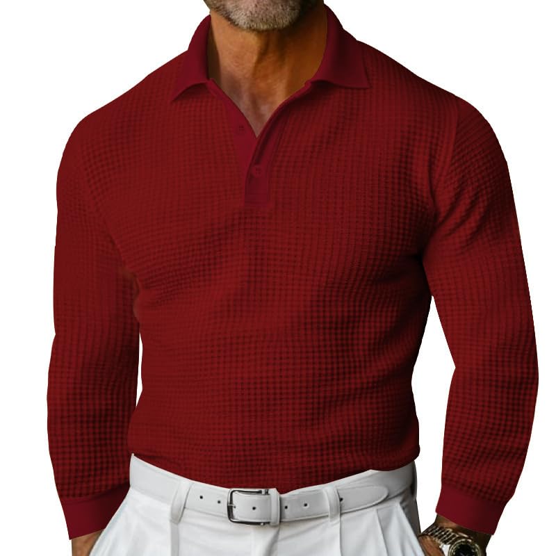Mens Waffle Polo Shirt - Spring Autumn Long Sleeve 1 4 Button Casual Shirt for Vacation Everyday Wear