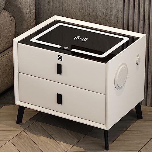 Smart Bedside Table with Wireless Charging & USB Charging Station, Nightstand with fingerprint lock and bluetooth speaker, Side Table with 3-color light, Multifunctional Smart LED End Table ( Color :
