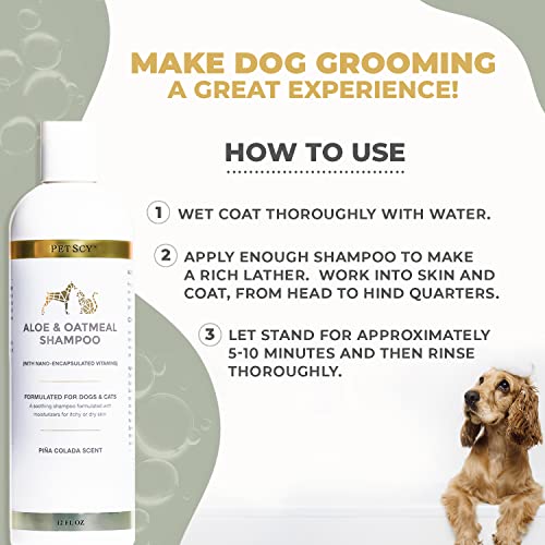 PetScy - Aloe & Oatmeal Shampoo for Dogs and Cats, Moisturizing Pet Shampoo for Skin Relief, All-Natural, Soap-Free & Gentle, Pina Colada Scent, 12 Oz - Image 5