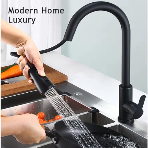 Image of Flora SS-304 Pull Down Sprayer Kitchen Hot and Cold Sink Mixer Tap with 360 Swivel Spout and Pull Out Multifunction Spray Head Faucet - Regular (FU | Black)