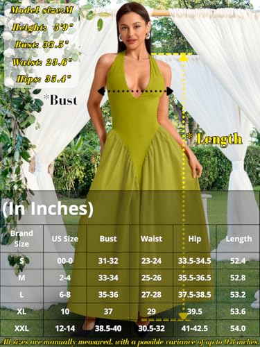 Image of ChiaoLezhee Deep V Neck Dress, Halter Maxi Dresses, Vacation Date Night, Sexy for Women Corset Flowy Wedding Guest Drop Waist