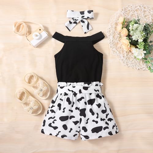 Image of Agitation Girls Summer Sets with Cold Shoulder T-shirt Elastic Paperbag Waist Shorts Headband 3pcs with 2 Sets Gifts for Kids