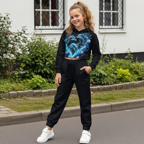 WELLFLYHOM Girls Cropped Hoodie and Jogger Pant Sets 4-13 Graphic Sweatsuit Long Sleeve Hooded Shirt and Sweatpants3