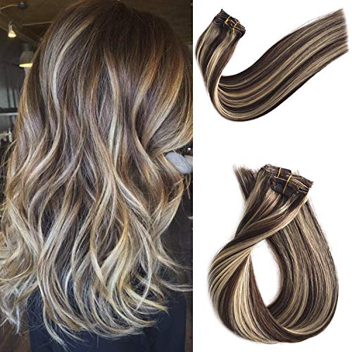 Clip in Remy Human Hair Extensions Clip on Real Hair Extensions for White/Black Women Dark Brown with 613 Bleach Blonde Highlights Double Weft Thicken from Top to End 70g 7pcs 16 Clips 20 Inch