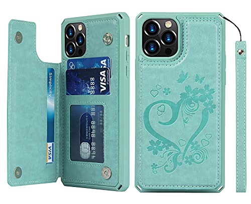 Étui portefeuille iPhone 12 Pro Max en cuir gaufré vert menthe avec porte-cartes