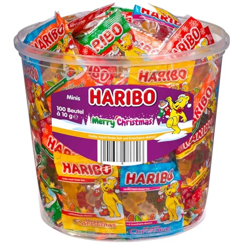 HARIBO Christmas Minis 1kg Vorratseimer | 100 einzeln verpackte Fruchtgummi-Tütchen im Weihnachtsdesign | Süßigkeiten-Mix für Nikolaus, Adventskalender, Kinder & Geschenkideen HARIBO Christmas Minis 1kg Vorratseimer | 100 einzeln verpackte Fruchtgummi-Tütchen im Weihnachtsdesign | Süßigkeiten-Mix für Nikolaus, Adventskalender, Kinder & Geschenkideen