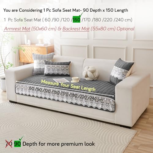 Image of HOKIPO 'BelleLace Series' Imperial Milk Velvet Sofa Cover Mat with Lace Design| Make Your Own Sofa Cover Set, Mat Length 90(D) x 150(L) cm, Porpoise Grey (AR-5965-DGRY)