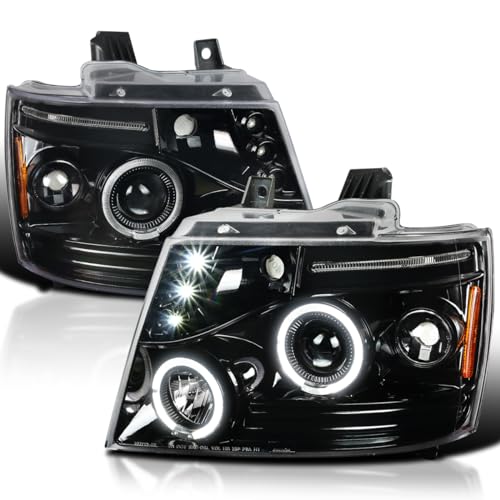 Spec-D Tuning Jet Black LED Dual Halo Projector Headlights Compatible with 2007-2014 Chevy Avalanche, Tahoe, Suburban 1500 2500, Left + Right Pair Headlamps Assembly