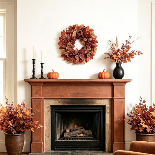 Image of DN DECONATION Fall Wreath for Home Front Door Decor, Decorations for Wall | 22in Autumn Brown Wreath, Artificial Leaves, Red Berry Clusters, Perfect for Thanksgiving Harvest Farmhouse Outdoor Indoor