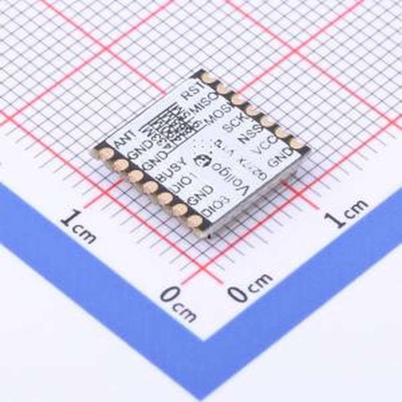 Spód view of the VGdd79S915N0S1 LoRa module with pinout labels on a grid background