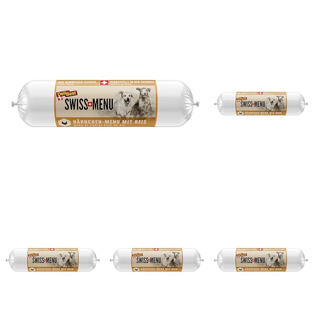 DeliBest Swiss MENU Hähnchen-Menu mit Reis I Nassfutter für Hunde aus 100% Schweizer Hähnchenfleisch I glutenfrei & ohne Zusätze I hochwertiges Hundefutter Adult I 400 g (Packung mit 5)