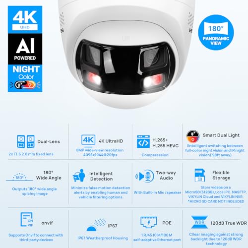 Image of VIKYLIN 8MP 4K Dual Lens Poe IP Security Camera with 180 Panoramic Wide Angle,Smart Hybrid Light, Human /Vehicle Detection, Strobe Light&Audible Warn,2-Way Audio, 512 GB SD Card Slot,IP67 (2mm Lens)