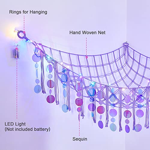 Image of FIOBEE Stuffed Animals Hammock Net Toy Storage Organizer with LED Light, Stuffed Animals Storage Girls Room Decor Wall Hanging with Sequins for Kids Bedroom Nursery Playroom, Purple
