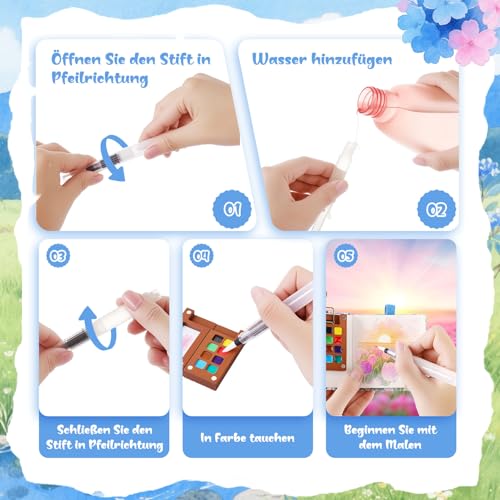 Mini Aquarell Travel Set mit Binder-Clips, Pocket Aquarell Set, Aquarellfarben Farbkasten 12 Farbe & Mini Holz Malpalette mit 8 Grids & Skizzenbuch für Maler Künstler Studenten Hobbymaler (Blau)