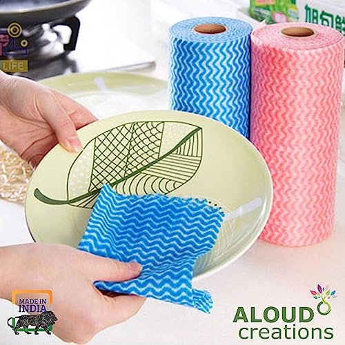 Image of ALOUD CREATIONS Non Woven Reusable Kitchen Towel Roll - Pack of 2 (80 Pulls Per Roll, 160 Sheets) | Highly Absorbent Multipurpose Washable Tissue Rolls For Wipes, Spills and Cleaning Kitchen Slabs