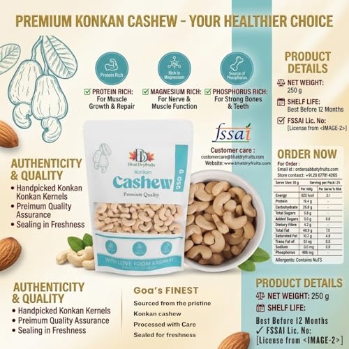 Image of Bhat Dryfruits Cashews 250g | Premium Whole Cashew Nuts | Crunchy, Nutrient-Rich & Naturally Fresh | High in Protein, Healthy Fats & Antioxidants | Supports Heart Health, Energy & Daily Nutrition