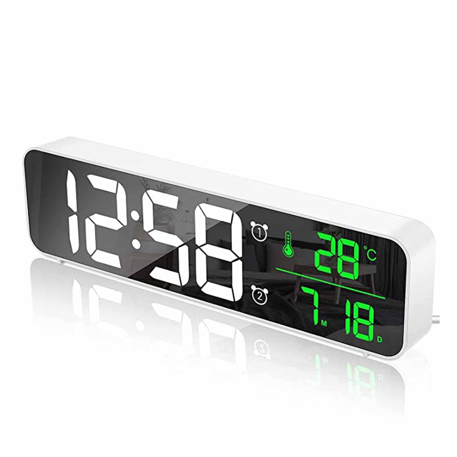 Reloj Despertador Digital, Reloj Despertador de Cabecera con Temperatura y Pantalla LED Grande, Reloj Espejo con 2 Alarmas,Brillo Ajustablede Adecuado para Dormitorios Escolares en Casa