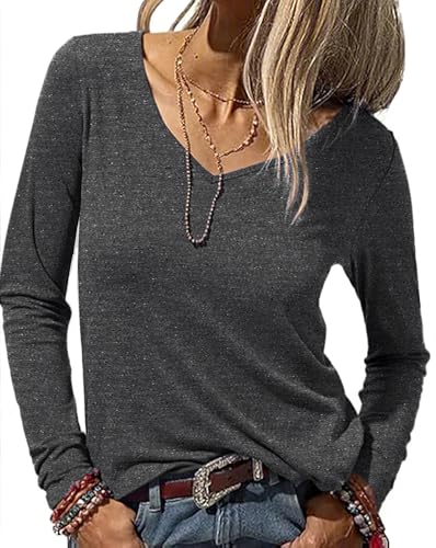 Wayleb Camiseta Básica Mujer Manga Larga – Cuello en V, Elástica y Suave, Ideal como Capa Base para Otoño Invierno, Gris Oscuro XL