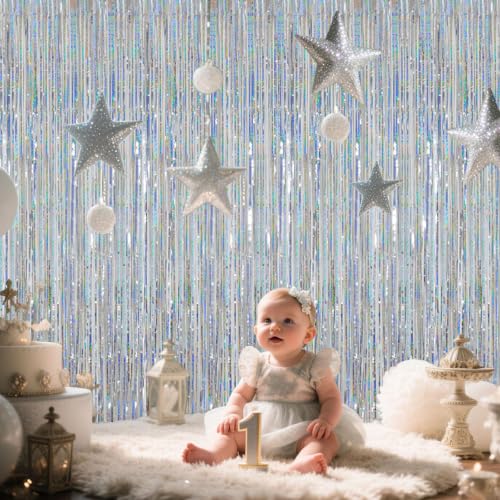 Image of Silver Foil Fringe Curtains Photo Backdrop for Birthday Party Decor | 3.28 x 6.56ft Metallic Streamer Doorway Tinsel Backdrop for Wedding, 1920s, Disco, Sweet 16, Frozen Party Deorations