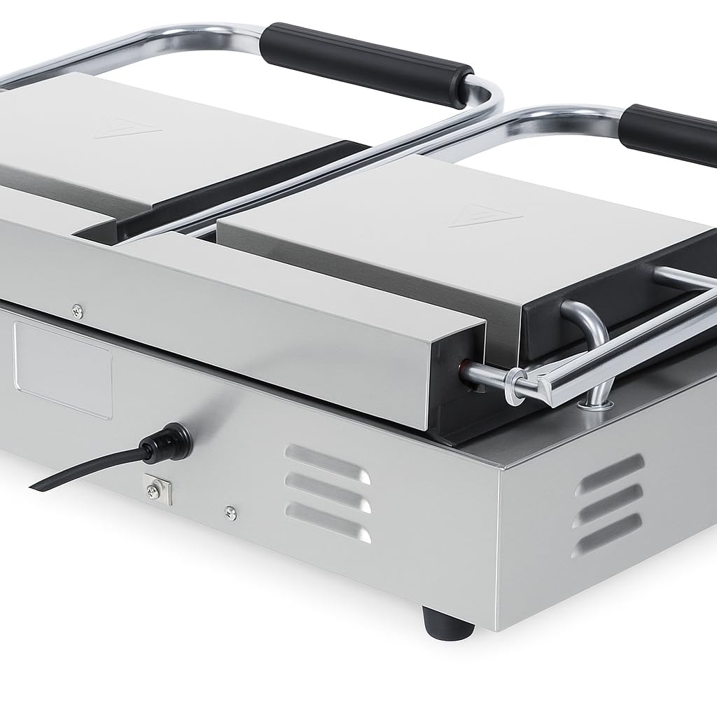 Parrilla Panini Profesional Doble 4,4 kW - Placas de hierro fundido 240 x 235 mm x 2 - Temperatura 0-300°C - Bandeja de grasa de acero inoxidable - Estructura de acero inoxidable - Suspensión superior