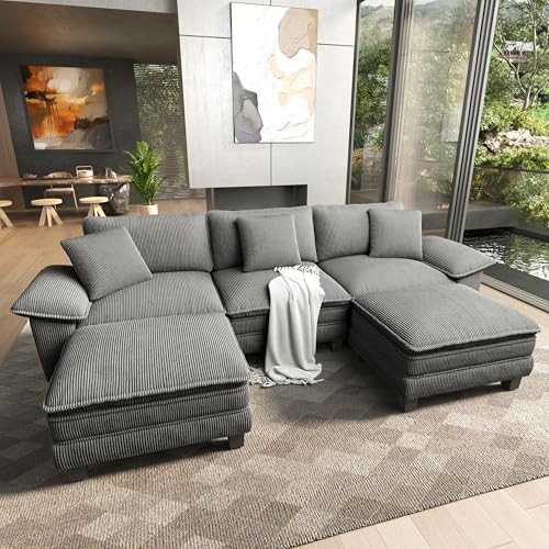 Image of HERA'S HOUSE 124 inch Oversized Modular Sectional U Shaped Sofa, Corduroy Grey | 5-Seater Living Room Couches, Wider Armrest and Deep Seat, Comfy Cloud Couch with Ottoman, Wood Sturdy Frame