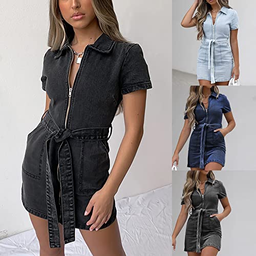 RKSTN Womens Summer Dresses Trendy Lace Up Waist Short Sleeve Mini Dress Zipper Pocket Wrap Dress Girls Casual Denim Dress2