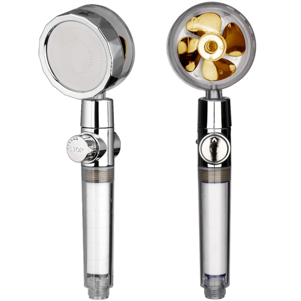 Pommeau de douche à hélice turbo anti calcaire avec filtre coton et bouton stop