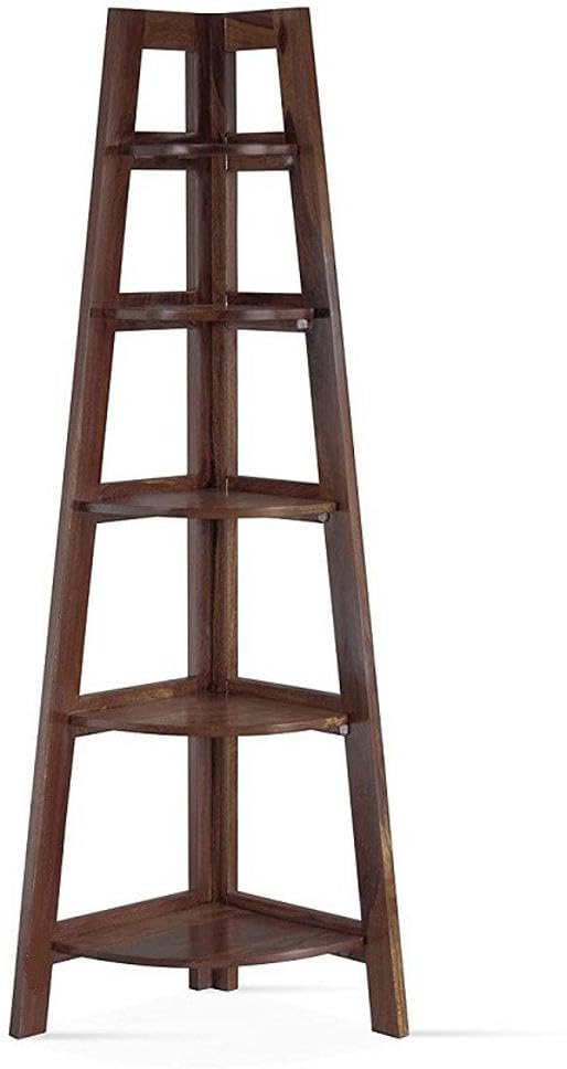 Image of Solid Sheesham Wooden Corner Bookshelf for Living Room Floor Standing Corner Book Shelf 5 Tier Ladder Cabinet Corner Shelf for Home Decor|Bookshelf for Home | Rosewood, Walnut