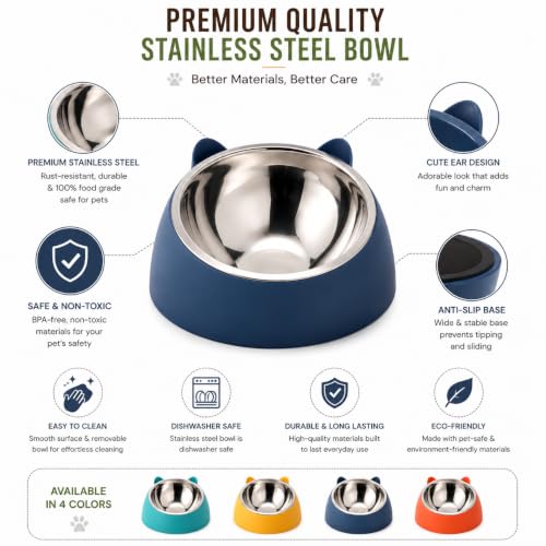 Image of PetVogue Pet Feeding Bowl for Dogs & Cats | Stainless Steel Food Bowl with Durable Plastic Base | Cute Cat Ear Design | Easy to Clean Food & Water Bowl for Cats, Puppies & Small Dogs(Yellow)