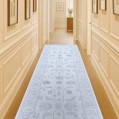 Beige Oushak Runner Rug, Modern Runners, Vintage, Turkish, Eclectic, Floral,