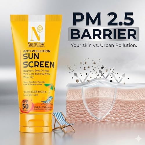 Image of NutriGlow Advanced Organics Anti-Pollution Sunscreen SPF 50 PA+++ | No White Cast | Raspberry Seed Oil + White Water Lily | Broad Spectrum UVA /UVB & Blue Light Protection | Non-Greasy, for Men & Women | 100ml
